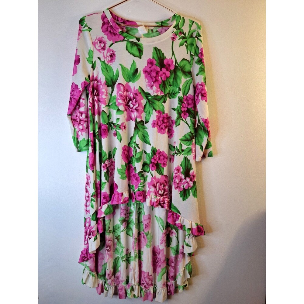 HAPTIC by HOLLY HARPER Floral High Low Tunic Top Sz M Boho Cottage Hippie Casual